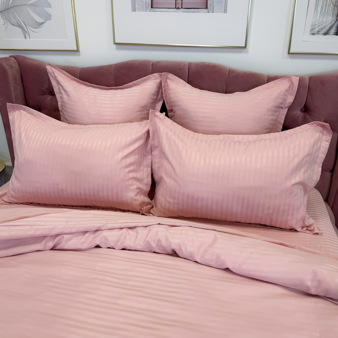 Lenjerie HoReCa, pat dublu, Damasc Finetat Deluxe cu Elastic, 6 piese, Jojo Home, Roz deschis - imagine 5