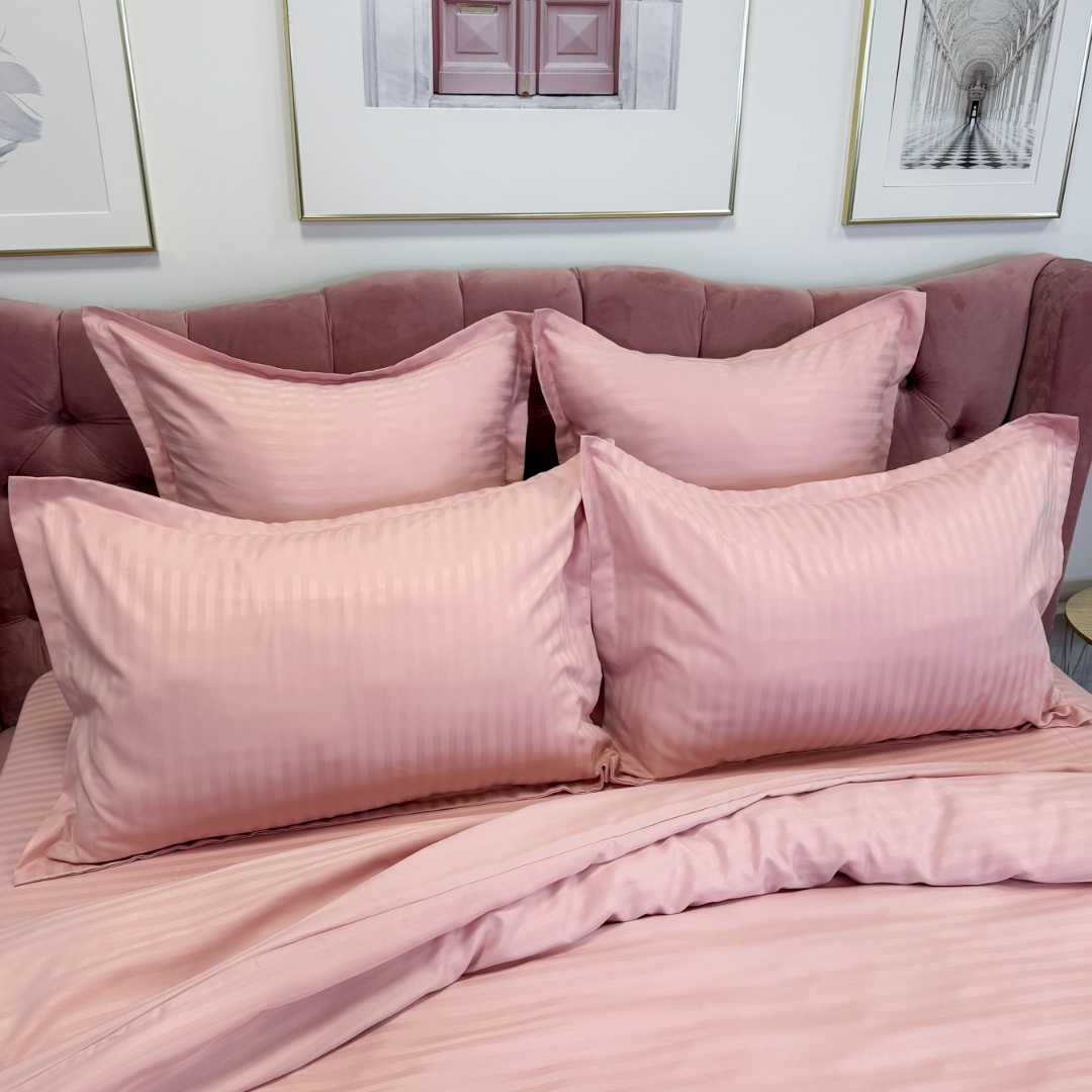 Lenjerie HoReCa, pat dublu, Damasc Finetat Deluxe cu Elastic, 6 piese, Jojo Home, Roz deschis - imagine 7