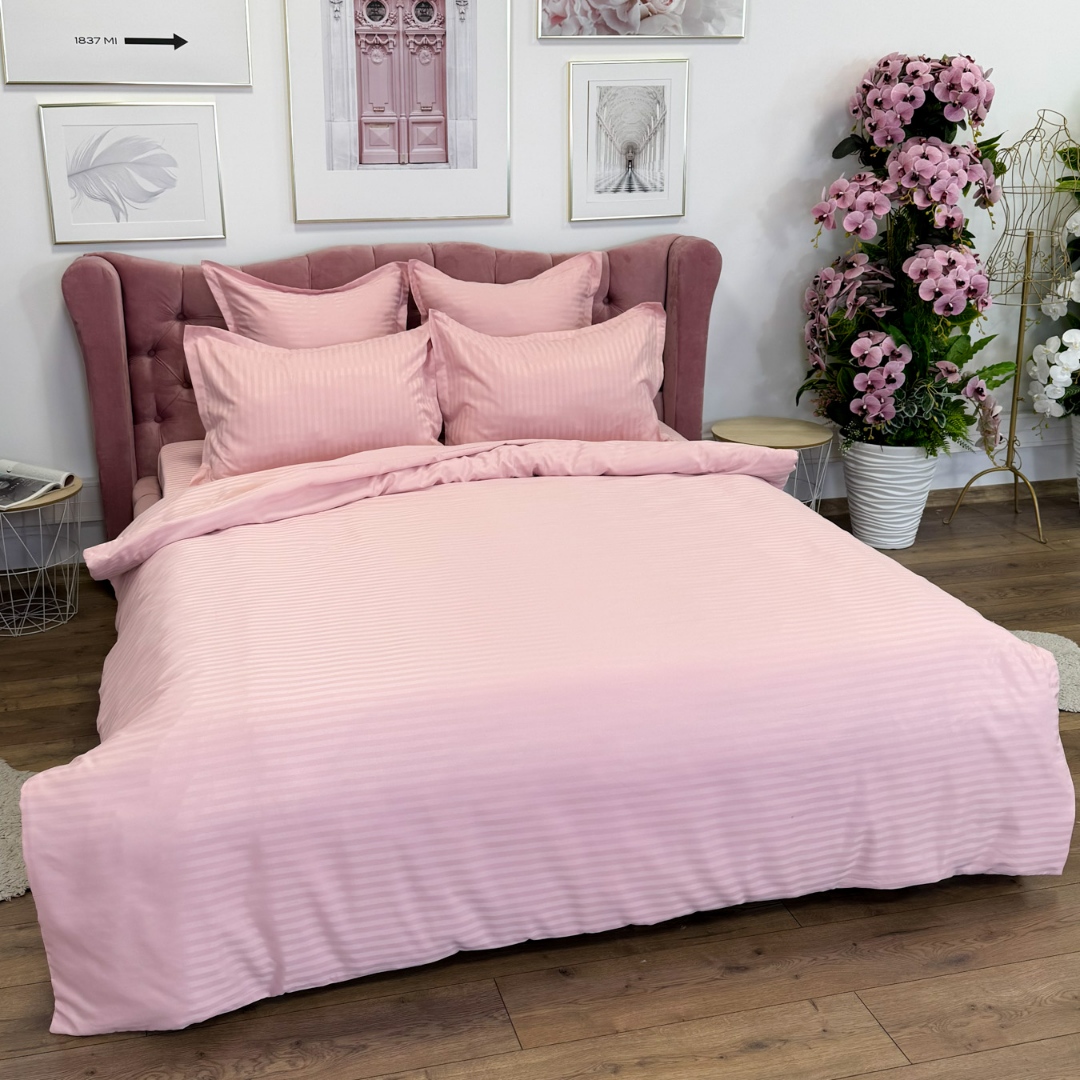 Lenjerie HoReCa, pat dublu, Damasc Finetat Deluxe cu Elastic, 6 piese, Jojo Home, Roz deschis - imagine 8