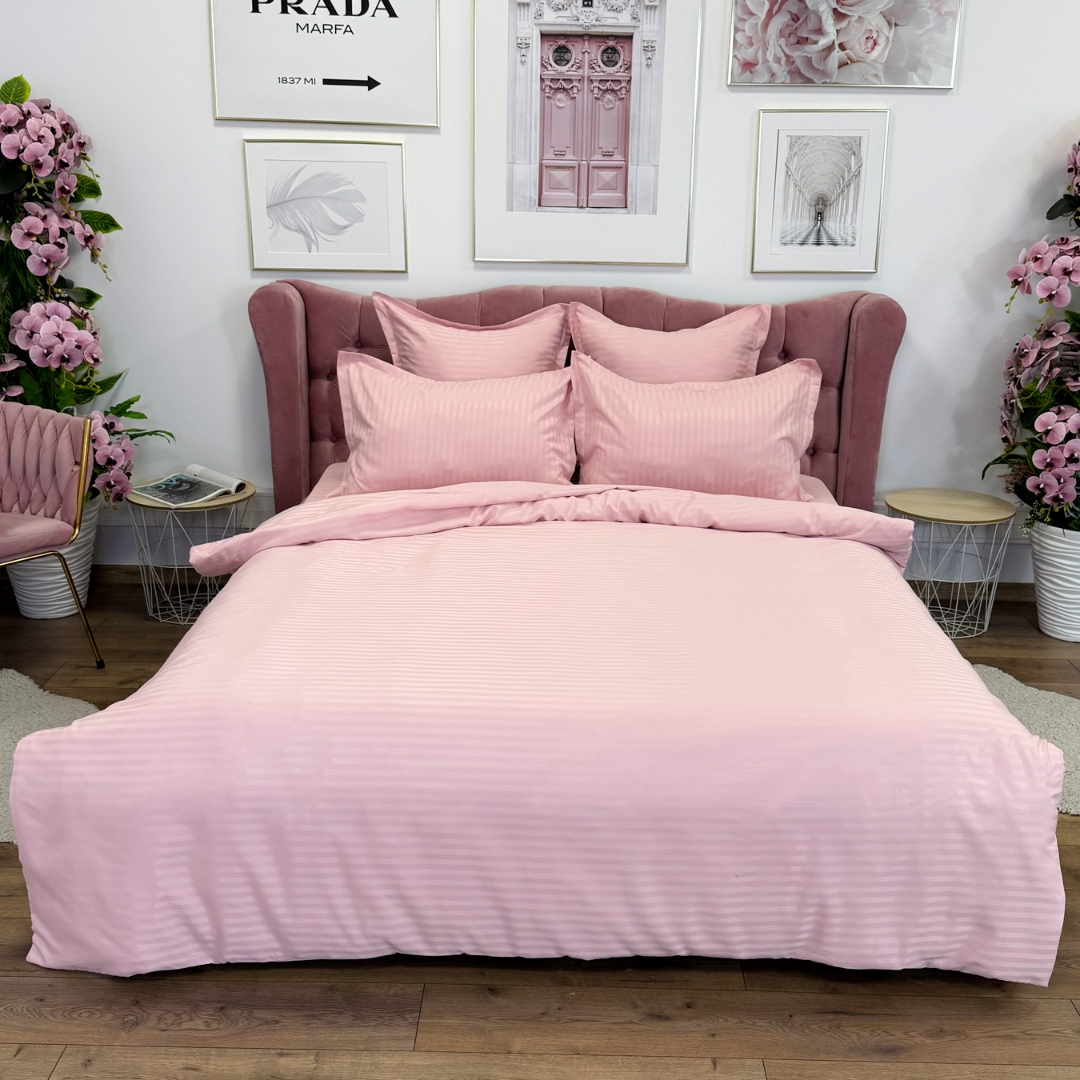 Lenjerie HoReCa, pat dublu, Damasc Finetat Deluxe cu Elastic, 6 piese, Jojo Home, Roz deschis - imagine 9