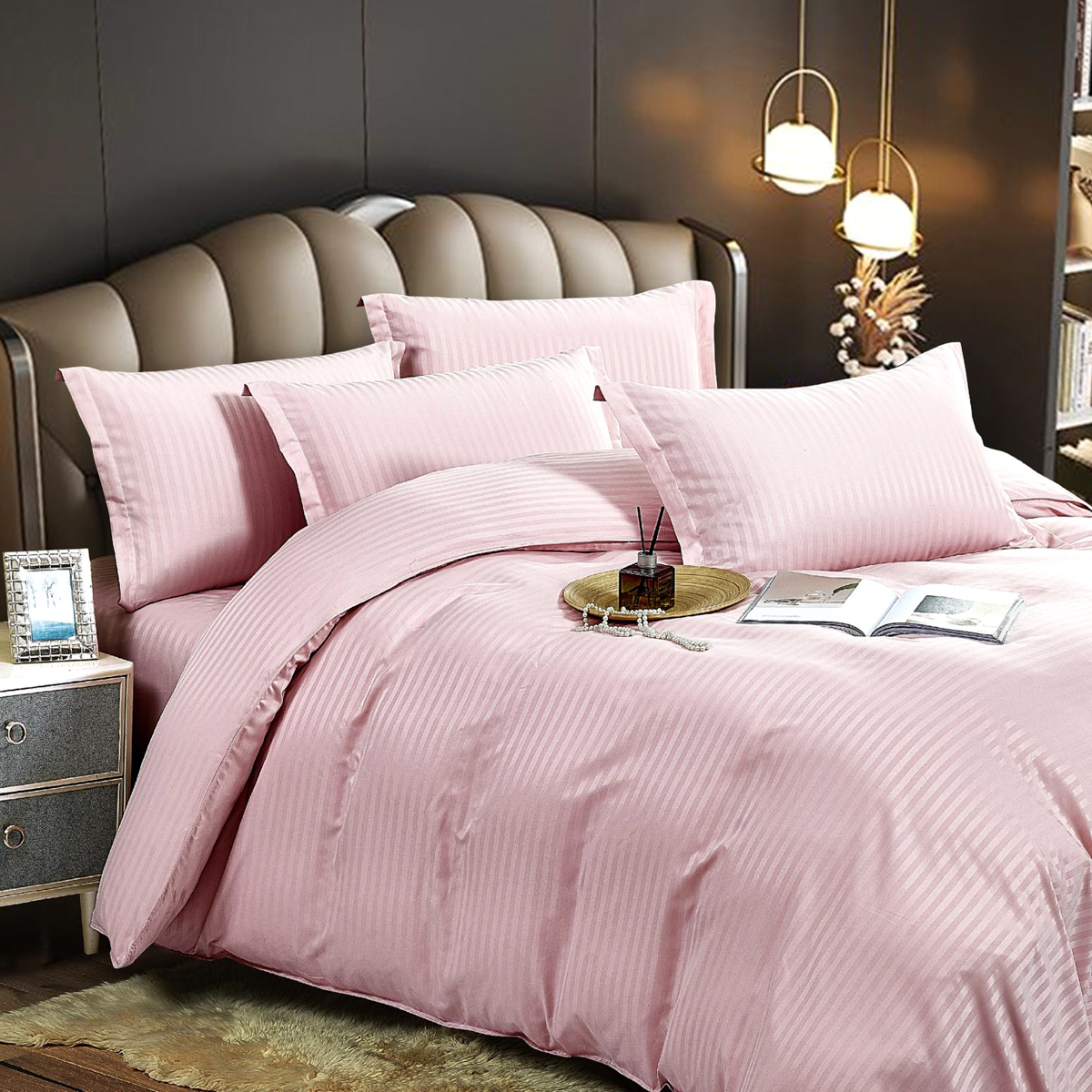 Lenjerie HoReCa, pat dublu, Damasc Finetat Deluxe cu Elastic, 6 piese, Jojo Home, Roz deschis - imagine 10