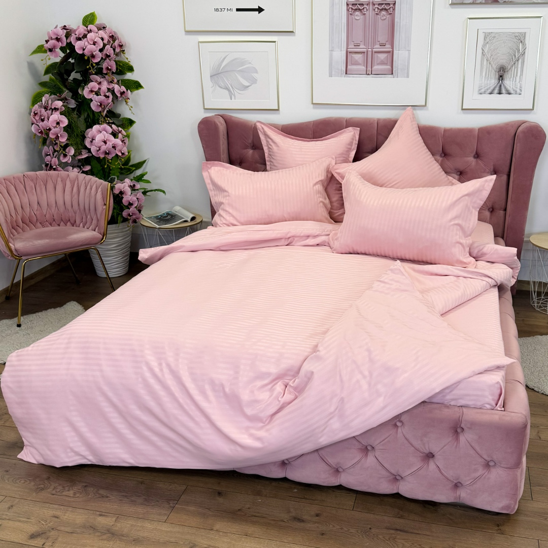 Lenjerie HoReCa, pat dublu, Damasc Finetat Deluxe cu Elastic, 6 piese, Jojo Home, Roz deschis - imagine 11