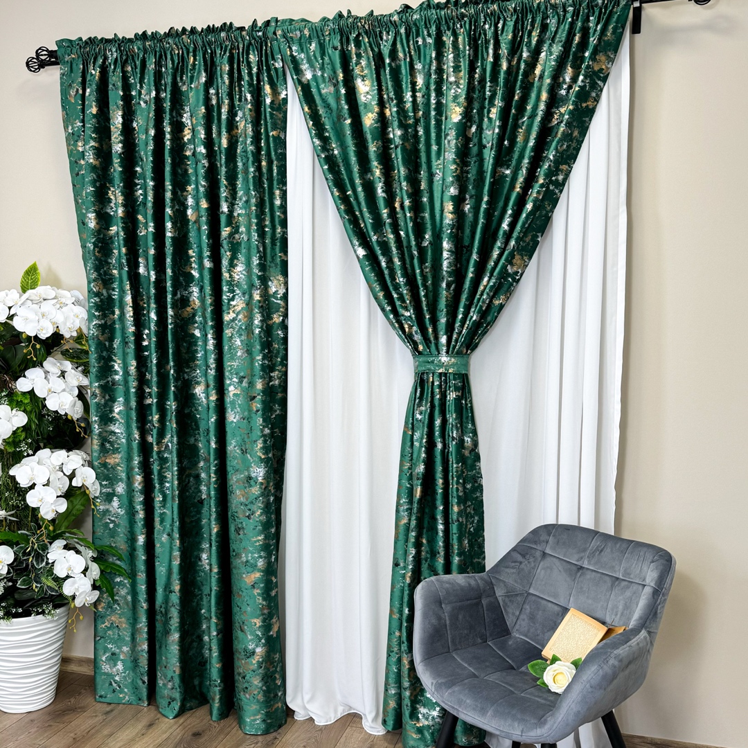Set 2 Draperii Catifea Nikko cu insertii aurii - 2m latime x 2.50m inaltime x Tiv lat, Verde Smarald - V12 - imagine 3