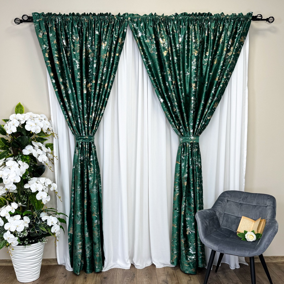 Set 2 Draperii Catifea Nikko cu insertii aurii - 2m latime x 2.50m inaltime x Tiv lat, Verde Smarald - V12 - imagine 7