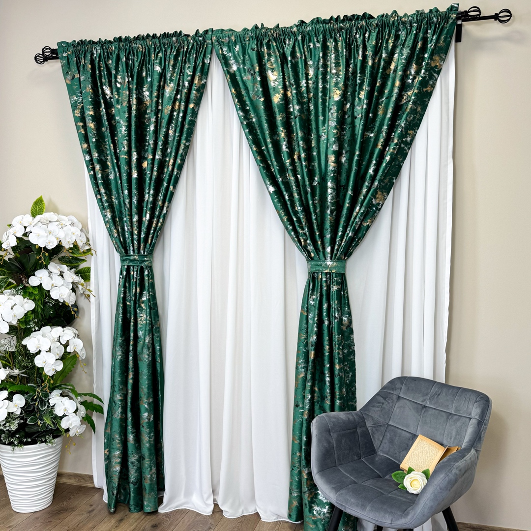 Set 2 Draperii Catifea Nikko cu insertii aurii - 2m latime x 2.50m inaltime x Tiv lat, Verde Smarald - V12 - imagine 8