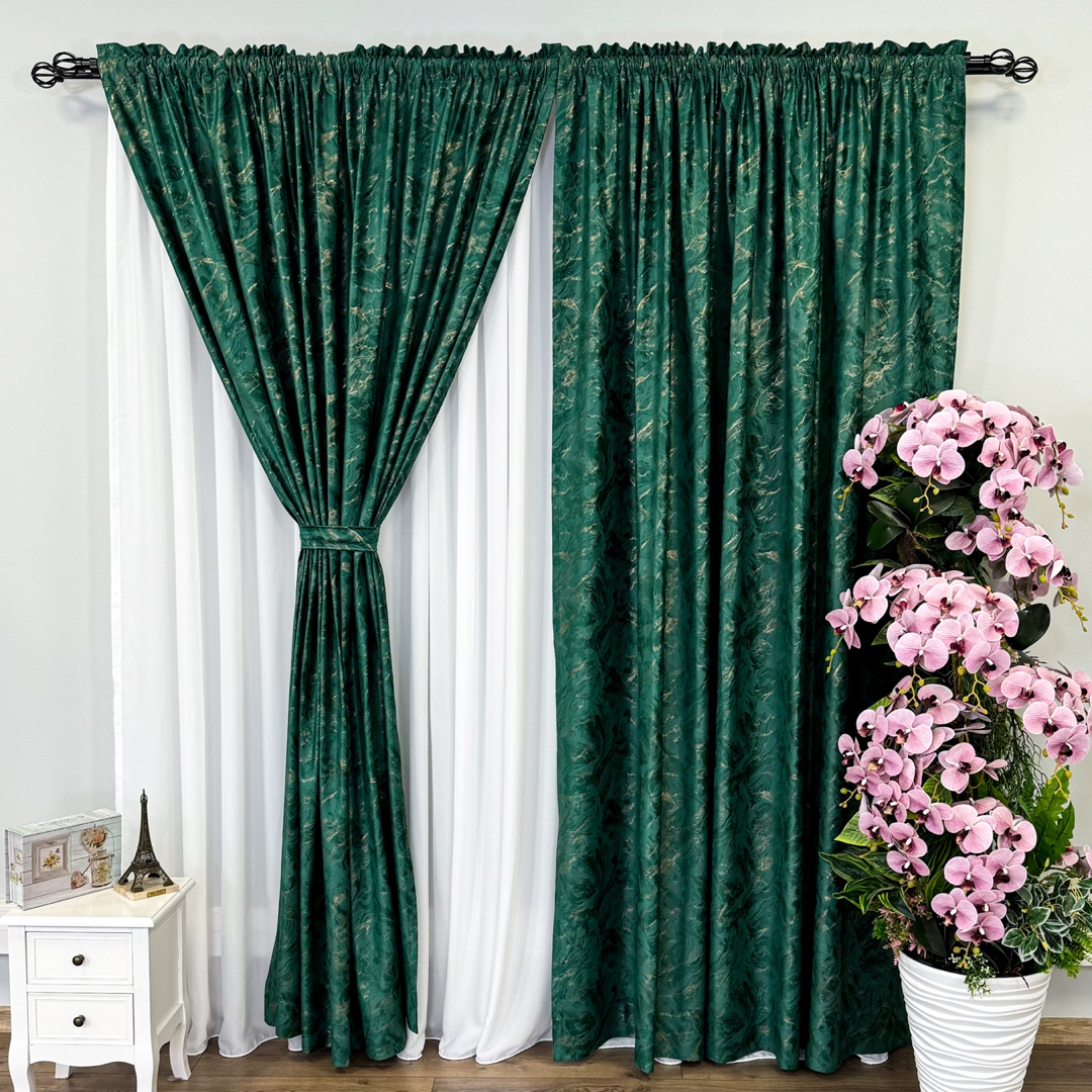 Draperie Catifea MYKONOS cu valuri rafinate aurii, Verde Smarald - V7, 140cm latime x 260cm inaltime, cu tiv lat pt bara - imagine 2