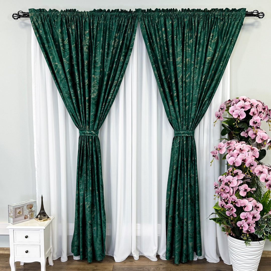 Draperie Catifea MYKONOS cu valuri rafinate aurii, Verde Smarald - V7, 140cm latime x 260cm inaltime, cu tiv lat pt bara - imagine 3