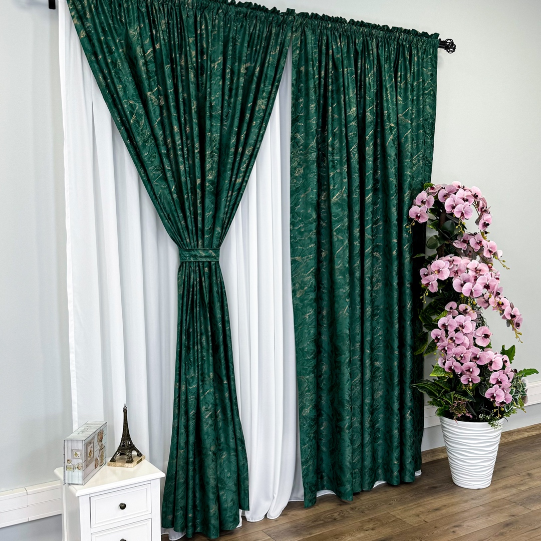 Draperie Catifea MYKONOS cu valuri rafinate aurii, Verde Smarald - V7, 140cm latime x 260cm inaltime, cu tiv lat pt bara - imagine 6