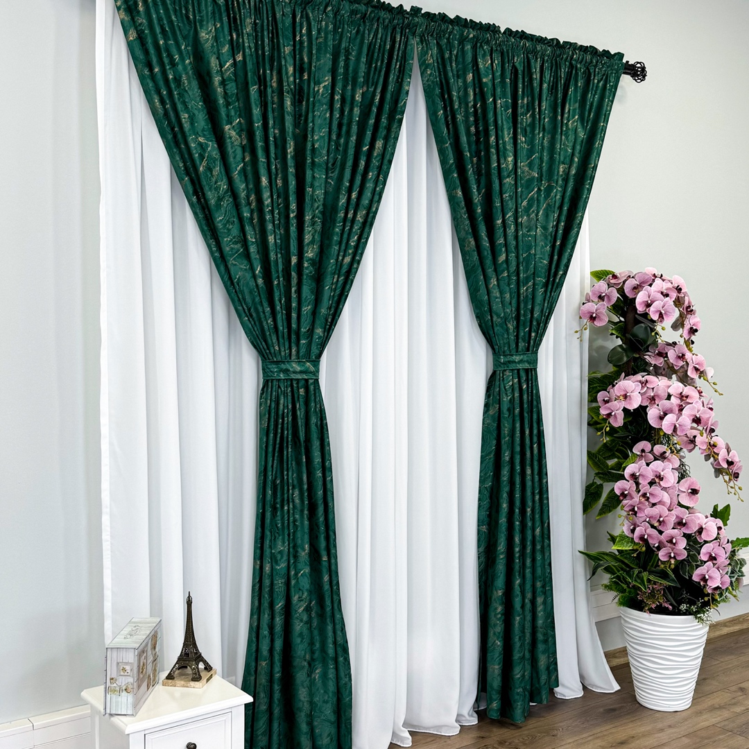 Draperie Catifea MYKONOS cu valuri rafinate aurii, Verde Smarald - V7, 140cm latime x 260cm inaltime, cu tiv lat pt bara - imagine 7