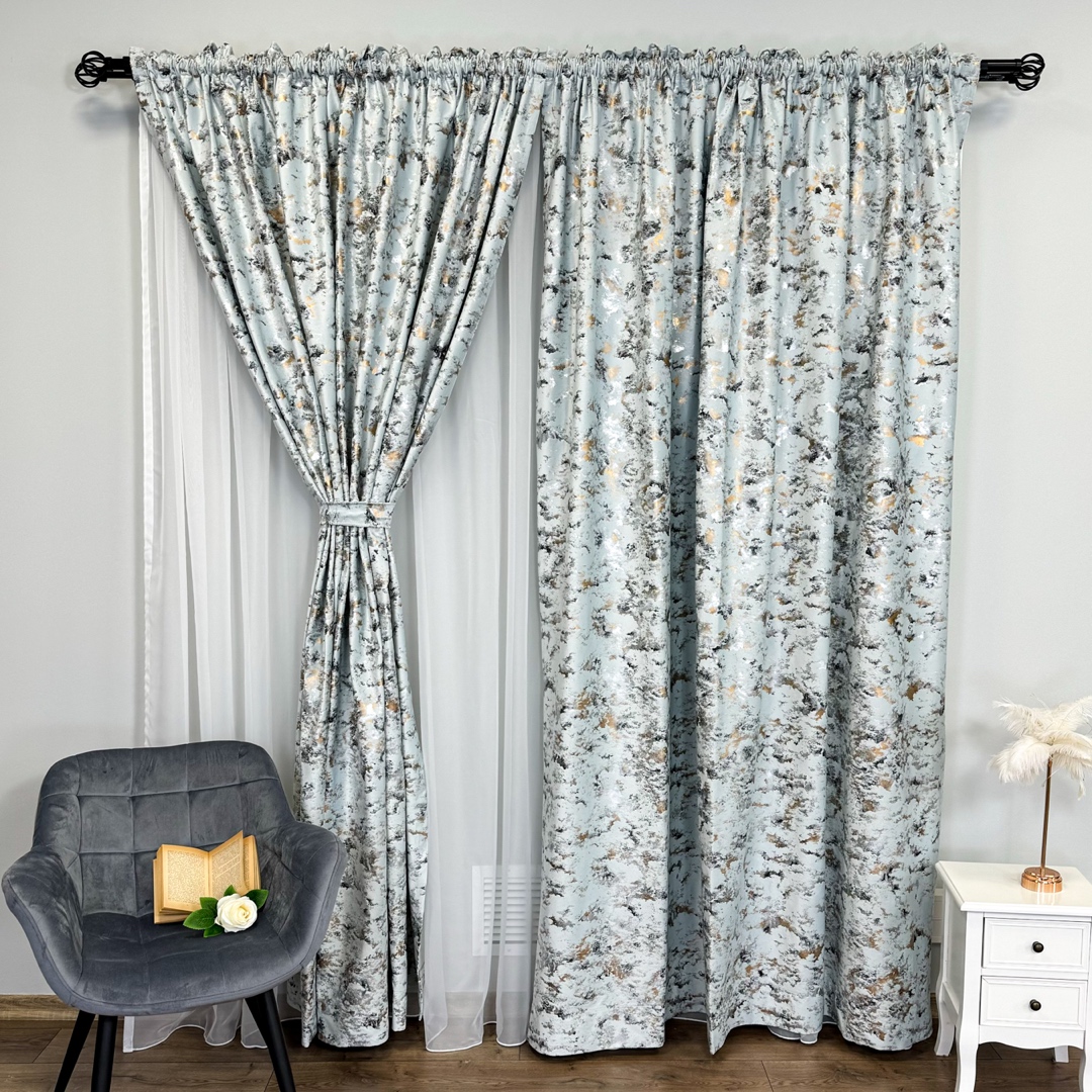 Draperie Catifea Nikko cu insertii aurii, 140cm latime x 260cm inaltime, cu TIV LAT, Culoarea oului de rata - V27 - imagine 2