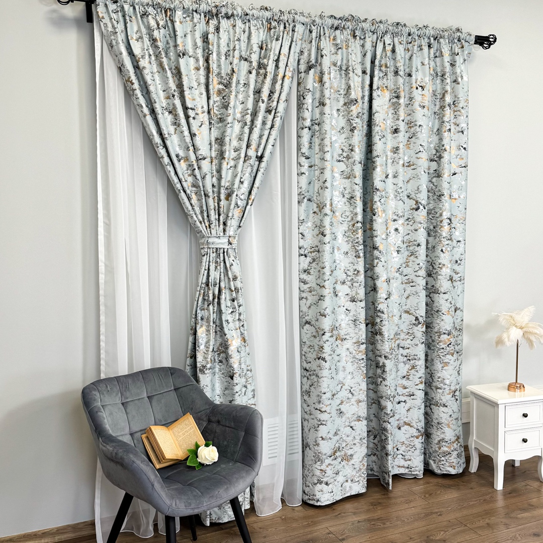 Draperie Catifea Nikko cu insertii aurii, 140cm latime x 260cm inaltime, cu TIV LAT, Culoarea oului de rata - V27 - imagine 4