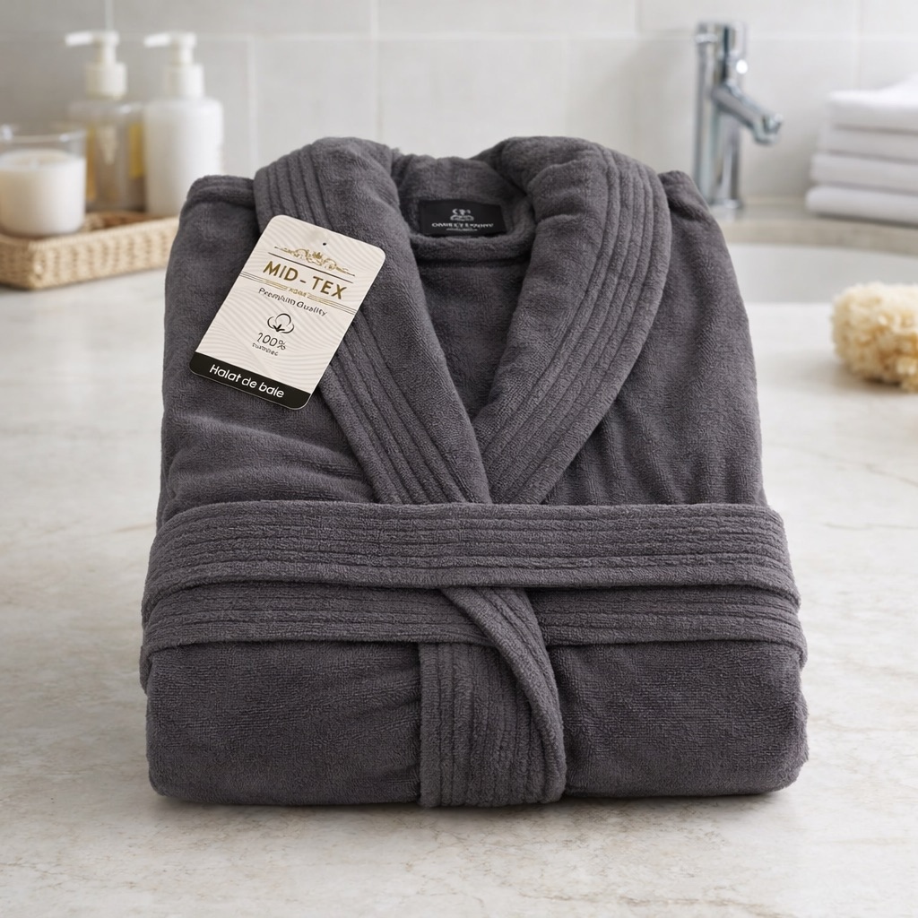 Halat de Baie Unisex din bumbac 100%, 500g – moale, absorbant si confortabil, Gri, Masura S/M - imagine 2