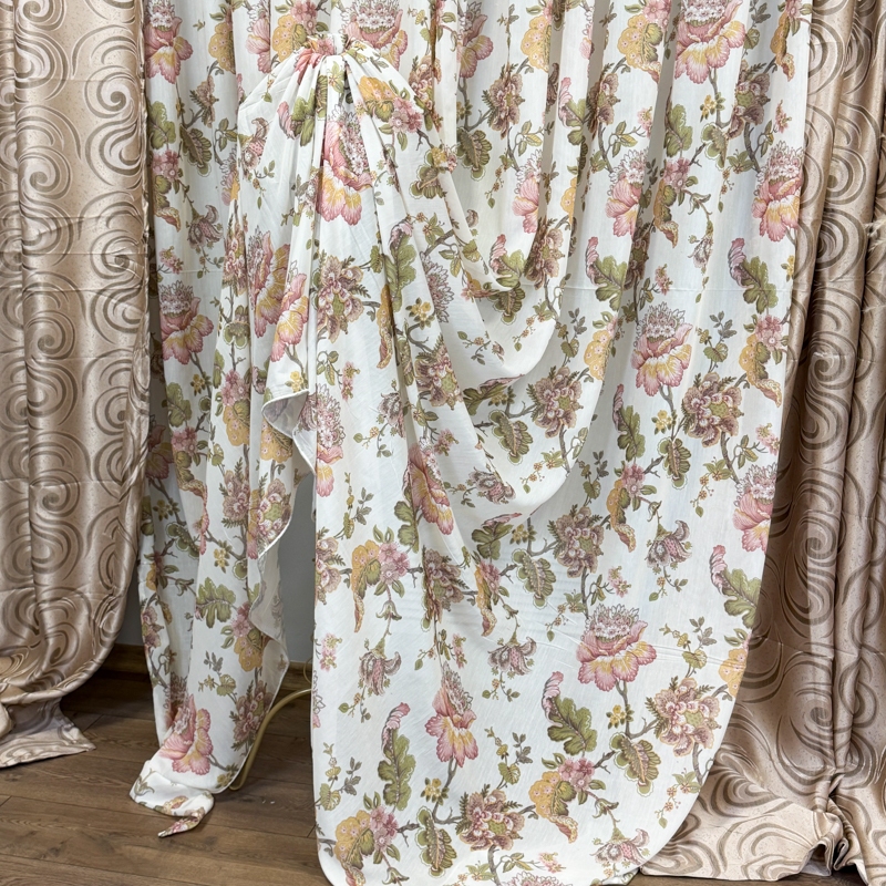 Perdea Autumn Flowers din matase imprimata, Ivoire, 400cm latime x 270cm inaltime cu rejansa pt sina - imagine 2