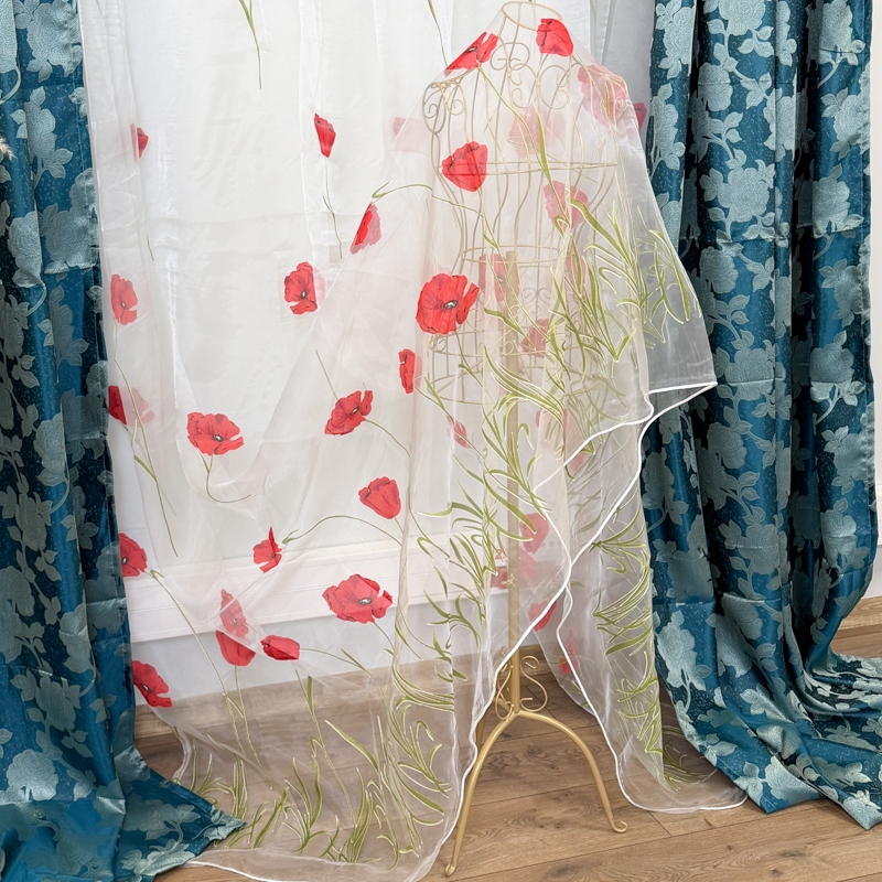 Perdea Maci Rosii din matase imprimata, Ivoire, 400cm latime x 270cm inaltime cu rejansa pt sina - imagine 2
