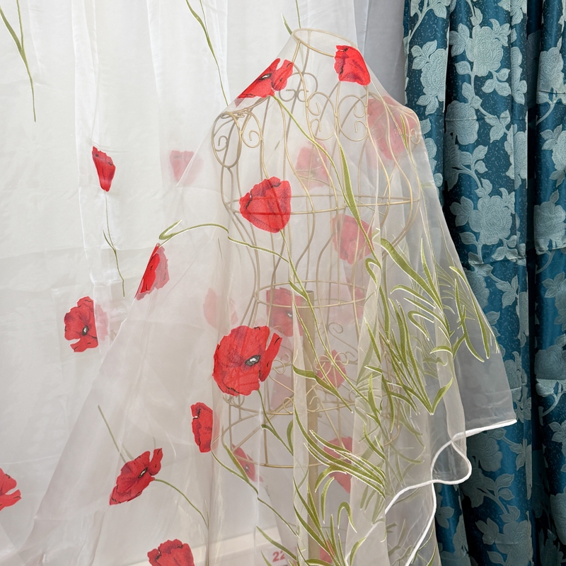 Perdea Maci Rosii din matase imprimata, Ivoire, 400cm latime x 270cm inaltime cu rejansa pt sina - imagine 3