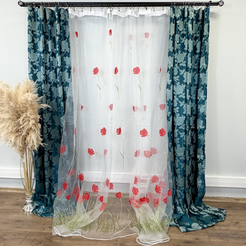 Perdea Maci Rosii din matase imprimata, Ivoire, 400cm latime x 270cm inaltime cu rejansa pt sina - imagine 7