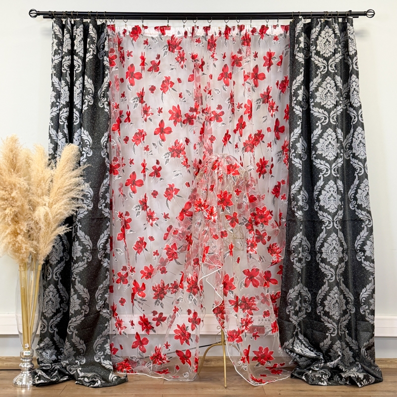 Set 2 bucati de Draperie Jacquard, Royal, 150cm latime x 270cm inaltime, cu rejansa pt sina, Negru, Gri - imagine 3