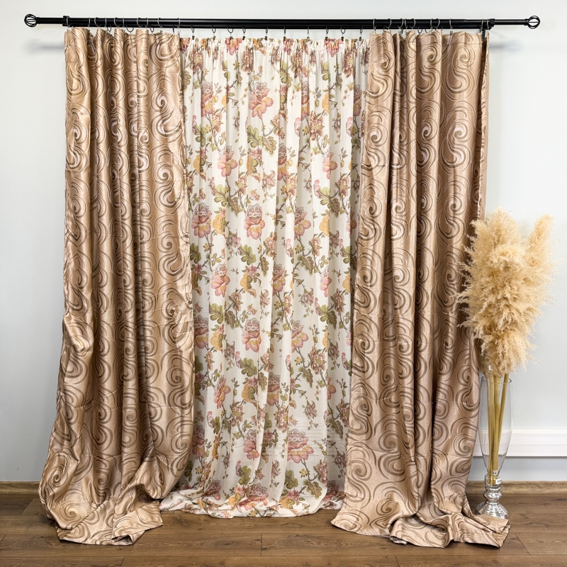 Set 2 bucati de Draperie Jacquard, Spiral, 150cm latime x 270cm inaltime, cu rejansa pt sina, Bej - imagine 2