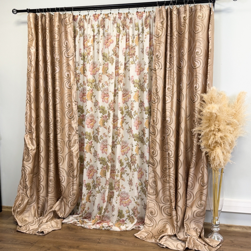 Set 2 bucati de Draperie Jacquard, Spiral, 150cm latime x 270cm inaltime, cu rejansa pt sina, Bej - imagine 4