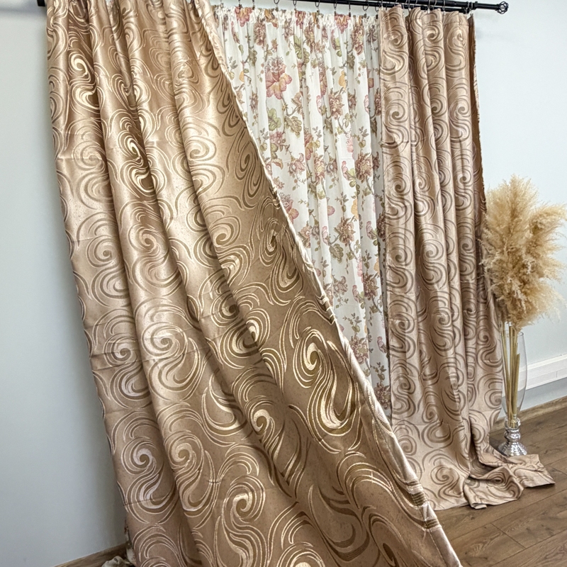 Set 2 bucati de Draperie Jacquard, Spiral, 150cm latime x 270cm inaltime, cu rejansa pt sina, Bej - imagine 7