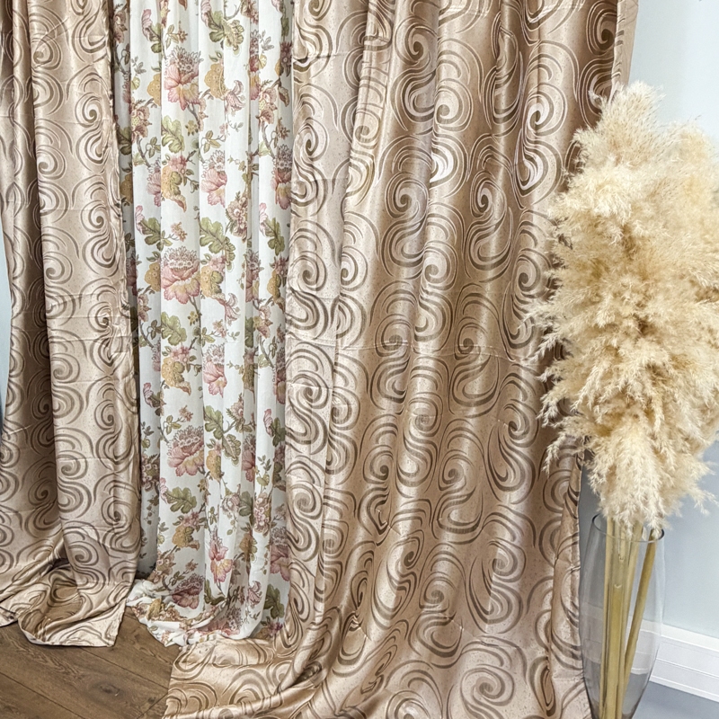 Set 2 bucati de Draperie Jacquard, Spiral, 150cm latime x 270cm inaltime, cu rejansa pt sina, Bej - imagine 9