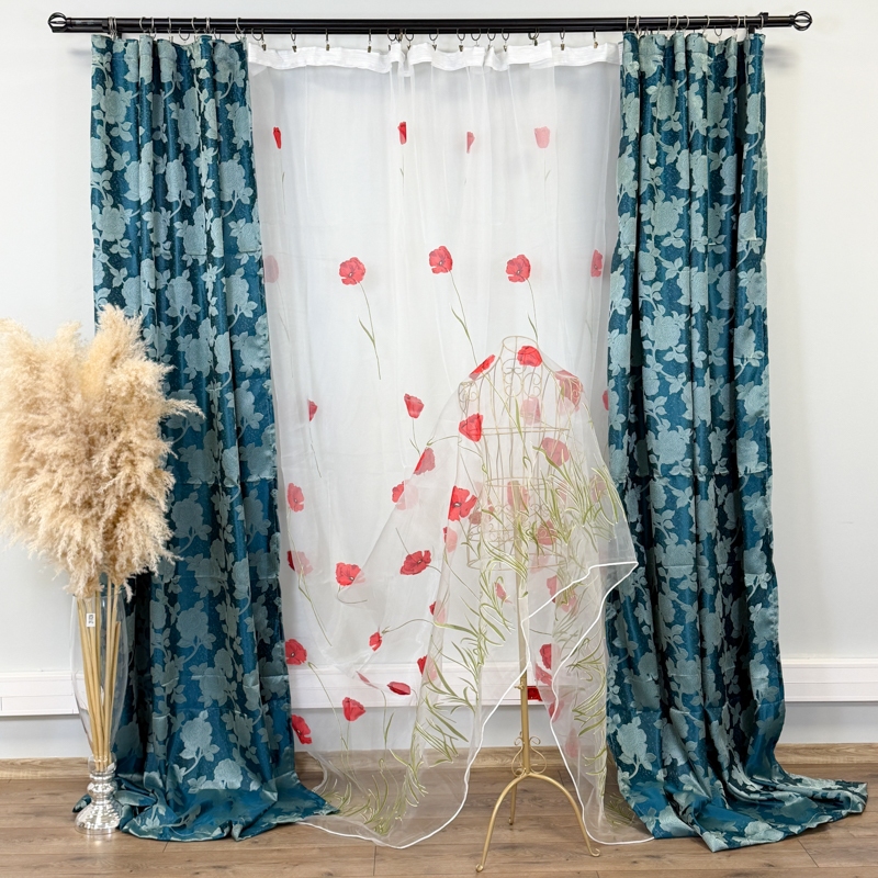 Set 2 bucati de Draperie Jacquard, Roses, 150cm latime x 270cm inaltime, cu rejansa pt sina, Turquoise - imagine 5