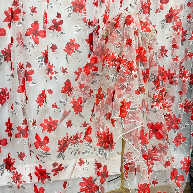 Set 2 Draperii Jacquard, Royal, 150cm latime x 270cm inaltime, Negru cu Gri + Perdea 400cm latime x 270cm inaltime, din Matase Imprimata, Red Flowers - imagine 5