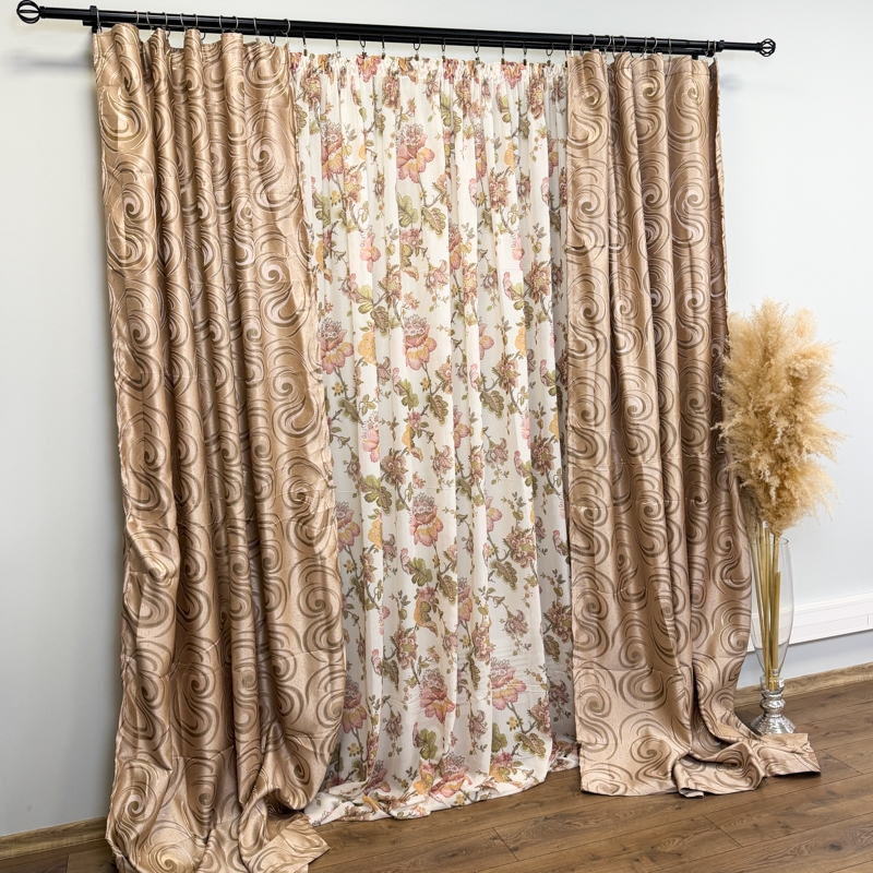 Set 2 Draperii Jacquard, Spiral, 150cm latime x 270cm inaltime, Bej + Perdea 400cm latime x 270cm inaltime, din Matase Imprimata, Autumn Flowers - imagine 2
