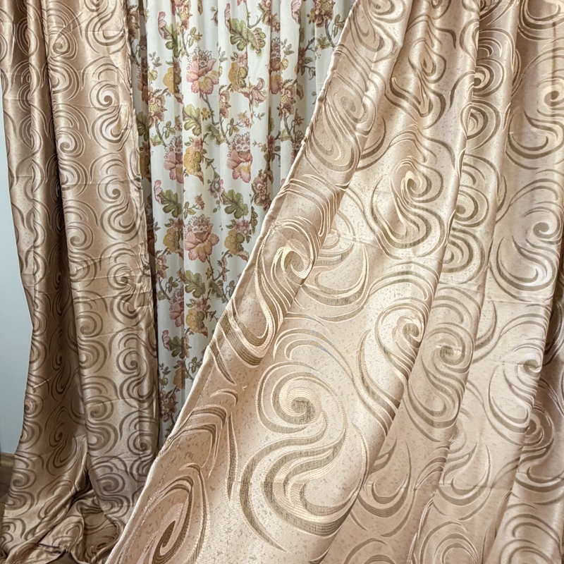 Set 2 Draperii Jacquard, Spiral, 150cm latime x 270cm inaltime, Bej + Perdea 400cm latime x 270cm inaltime, din Matase Imprimata, Autumn Flowers - imagine 3