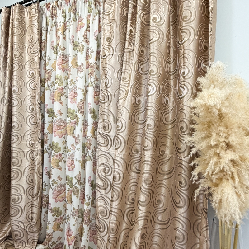 Set 2 Draperii Jacquard, Spiral, 150cm latime x 270cm inaltime, Bej + Perdea 400cm latime x 270cm inaltime, din Matase Imprimata, Autumn Flowers - imagine 5