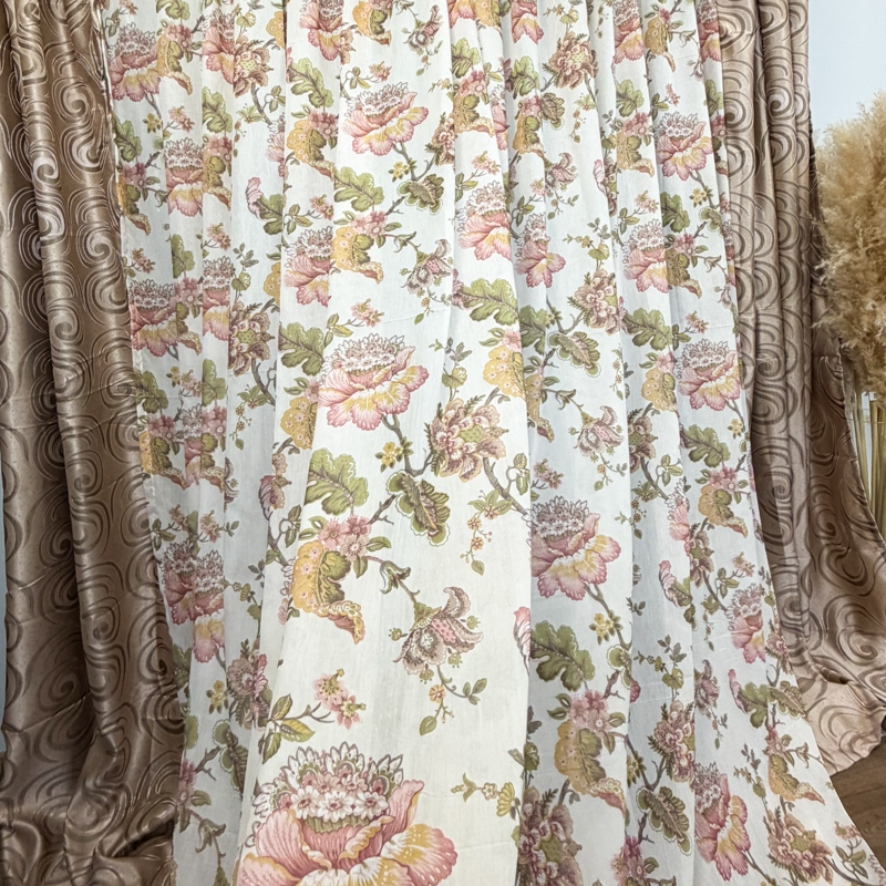 Set 2 Draperii Jacquard, Spiral, 150cm latime x 270cm inaltime, Bej + Perdea 400cm latime x 270cm inaltime, din Matase Imprimata, Autumn Flowers - imagine 7