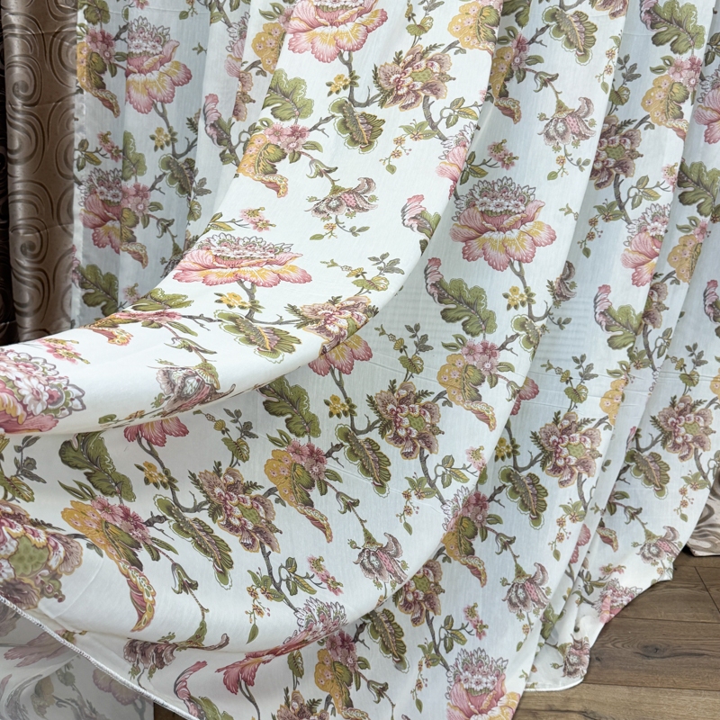 Set 2 Draperii Jacquard, Spiral, 150cm latime x 270cm inaltime, Bej + Perdea 400cm latime x 270cm inaltime, din Matase Imprimata, Autumn Flowers - imagine 8