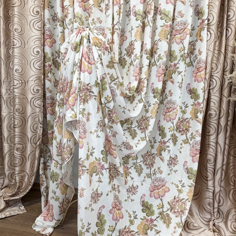 Set 2 Draperii Jacquard, Spiral, 150cm latime x 270cm inaltime, Bej + Perdea 400cm latime x 270cm inaltime, din Matase Imprimata, Autumn Flowers - imagine 9