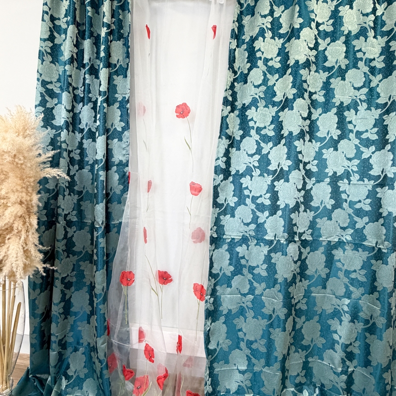 Set 2 Draperii Jacquard, Roses, 150cm latime x 270cm inaltime, Turquoise + Perdea 400cm latime x 270cm inaltime, din Matase Imprimata, Maci Rosii - imagine 3