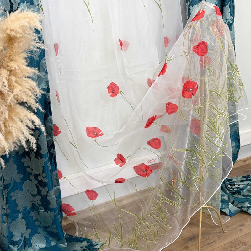 Set 2 Draperii Jacquard, Roses, 150cm latime x 270cm inaltime, Turquoise + Perdea 400cm latime x 270cm inaltime, din Matase Imprimata, Maci Rosii - imagine 4