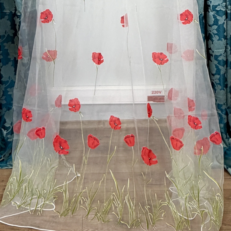 Set 2 Draperii Jacquard, Roses, 150cm latime x 270cm inaltime, Turquoise + Perdea 400cm latime x 270cm inaltime, din Matase Imprimata, Maci Rosii - imagine 5
