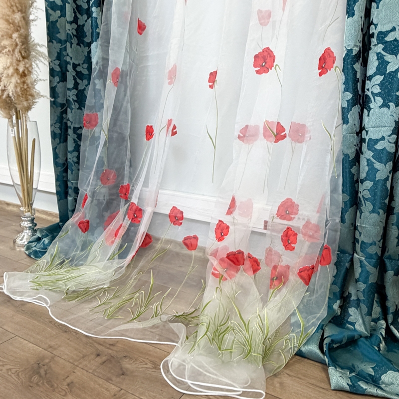 Set 2 Draperii Jacquard, Roses, 150cm latime x 270cm inaltime, Turquoise + Perdea 400cm latime x 270cm inaltime, din Matase Imprimata, Maci Rosii - imagine 6
