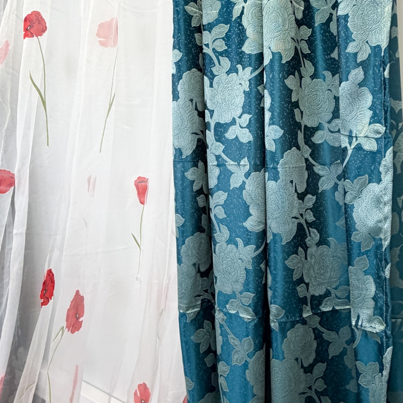 Set 2 Draperii Jacquard, Roses, 150cm latime x 270cm inaltime, Turquoise + Perdea 400cm latime x 270cm inaltime, din Matase Imprimata, Maci Rosii - imagine 7