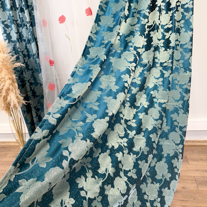 Set 2 Draperii Jacquard, Roses, 150cm latime x 270cm inaltime, Turquoise + Perdea 400cm latime x 270cm inaltime, din Matase Imprimata, Maci Rosii - imagine 8