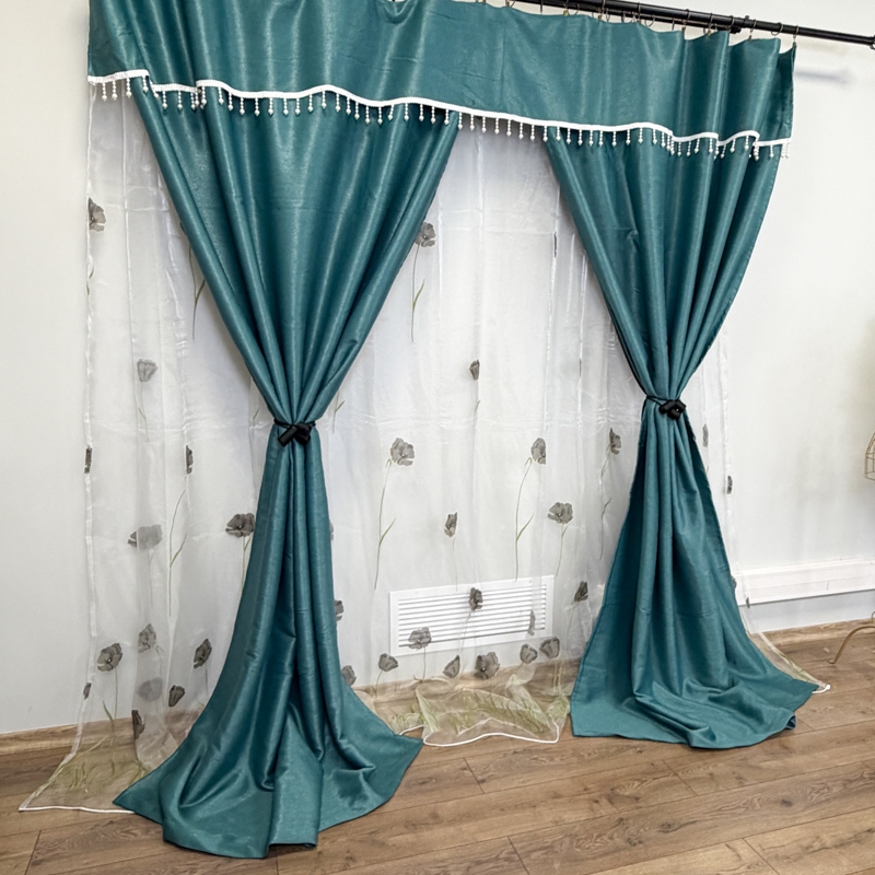 Set 3 metri de 2 bucati de Draperie BlackOut, Pearls, 150cm latime x 270cm inaltime, Turquoise cu Sclipici + Perdea 400cm latime x 270cm inaltime, din Matase Imprimata, Maci Gri - imagine 4