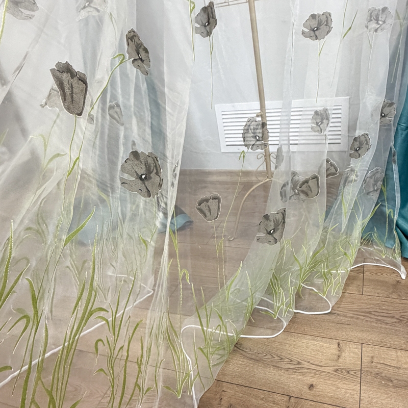 Set 3 metri de 2 bucati de Draperie BlackOut, Pearls, 150cm latime x 270cm inaltime, Turquoise cu Sclipici + Perdea 400cm latime x 270cm inaltime, din Matase Imprimata, Maci Gri - imagine 7