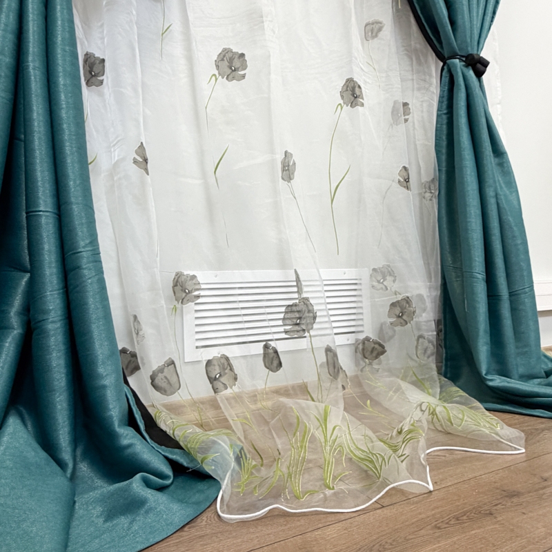 Set 3 metri de 2 bucati de Draperie BlackOut, Pearls, 150cm latime x 270cm inaltime, Turquoise cu Sclipici + Perdea 400cm latime x 270cm inaltime, din Matase Imprimata, Maci Gri - imagine 9