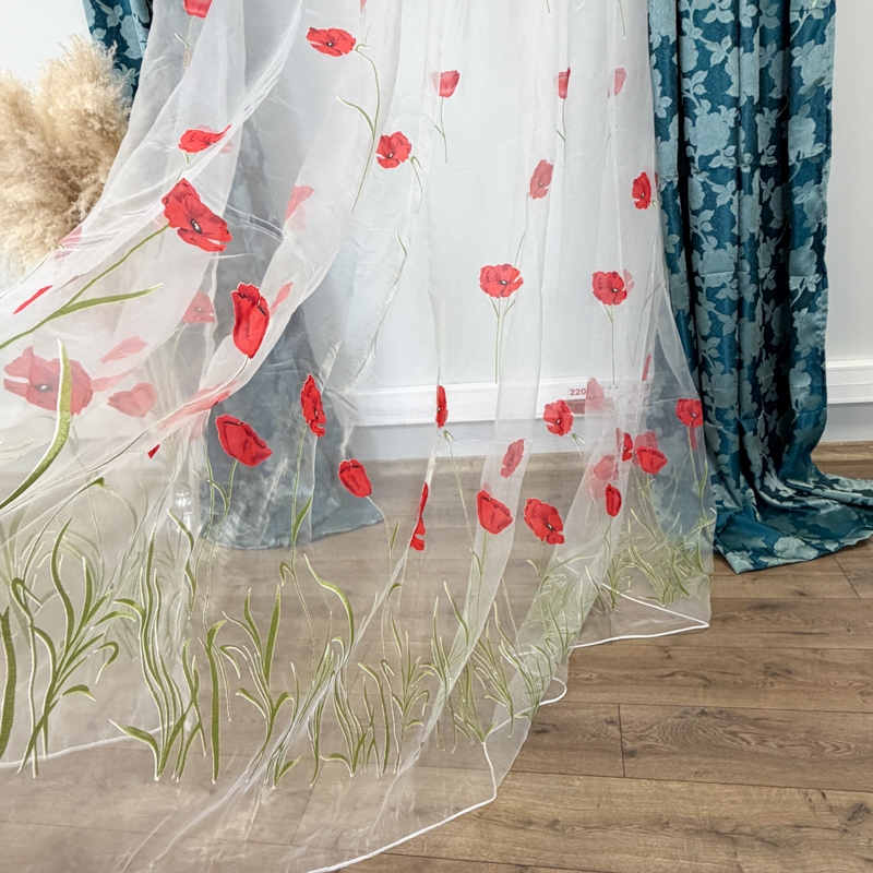 Set 3 metri de 2 bucati de Draperie BlackOut, Pearls, 150cm latime x 270cm inaltime, Verde cu Sclipici + Perdea 400cm latime x 270cm inaltime, din Matase Imprimata, Maci Rosii - imagine 12