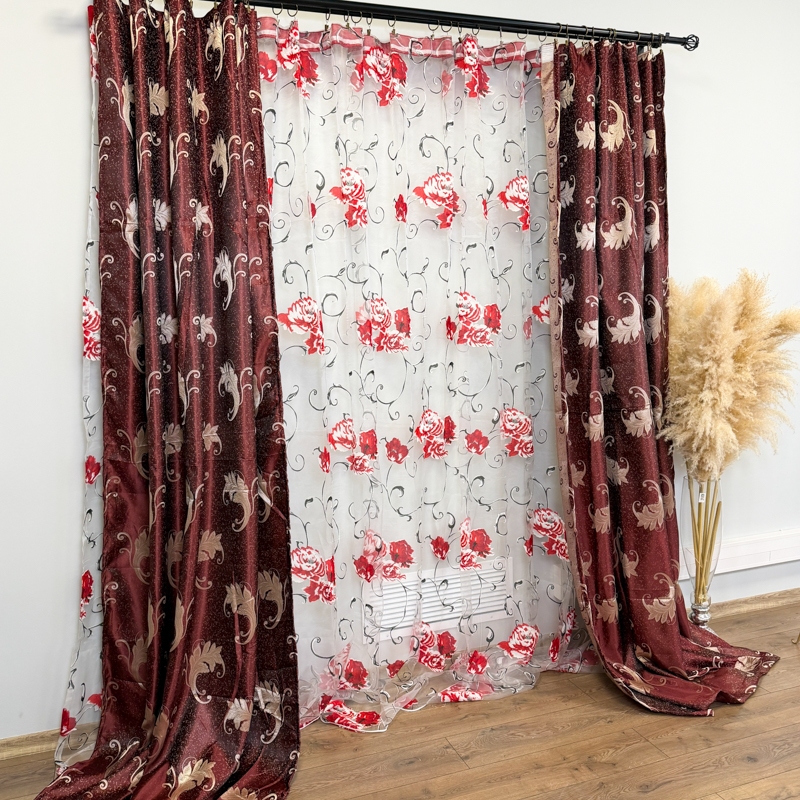 Set 2 bucati de Draperie Jacquard, Leaves, 150cm latime x 270cm inaltime, cu rejansa pt sina, Grena - imagine 4