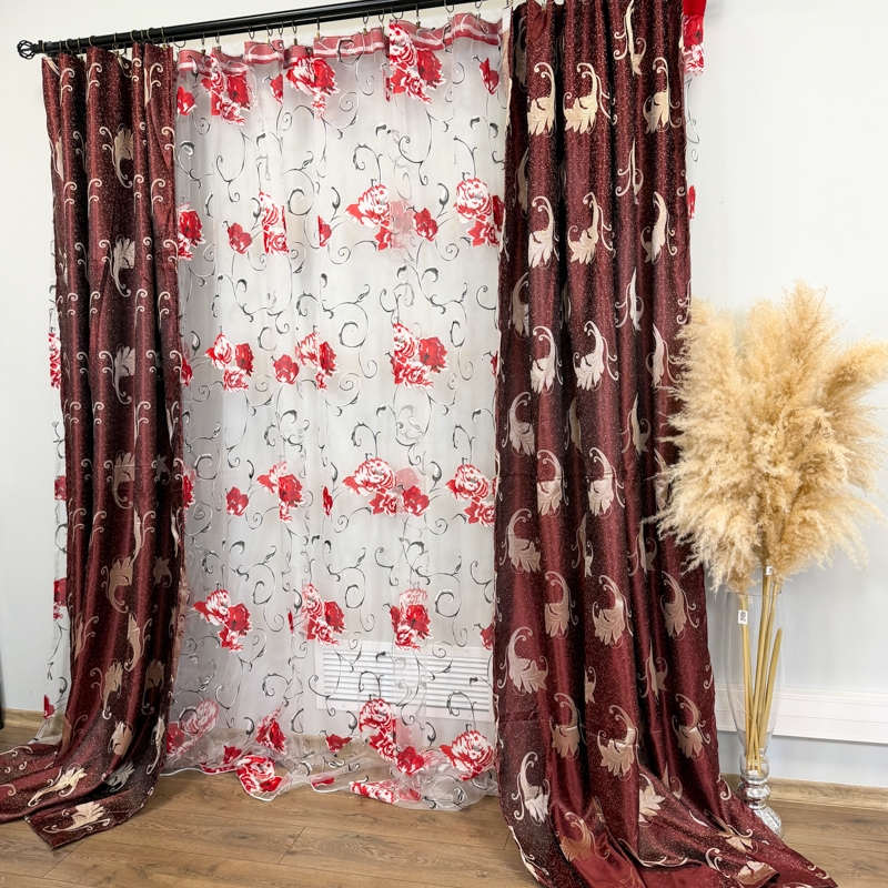Set 2 bucati de Draperie Jacquard, Leaves, 150cm latime x 270cm inaltime, cu rejansa pt sina, Grena - imagine 5