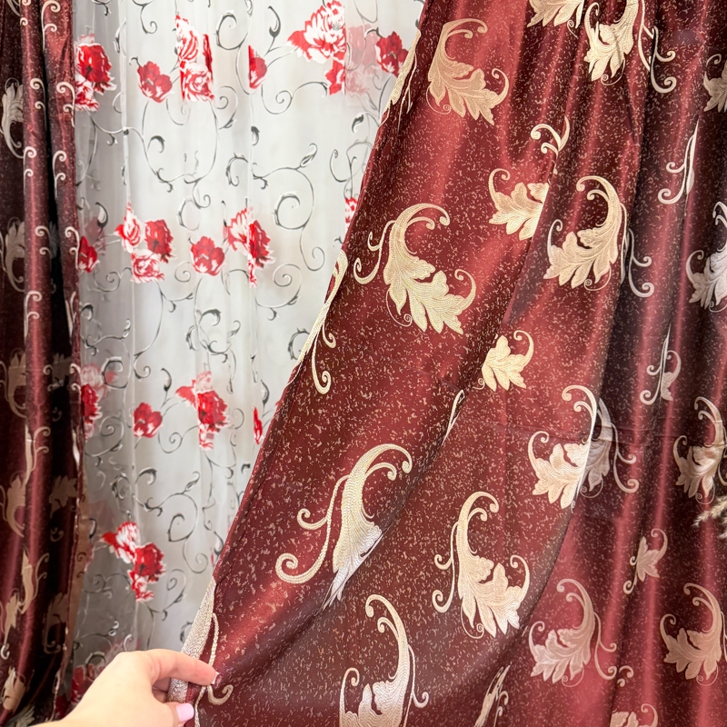 Set 2 bucati de Draperie Jacquard, Leaves, 150cm latime x 270cm inaltime, cu rejansa pt sina, Grena - imagine 6