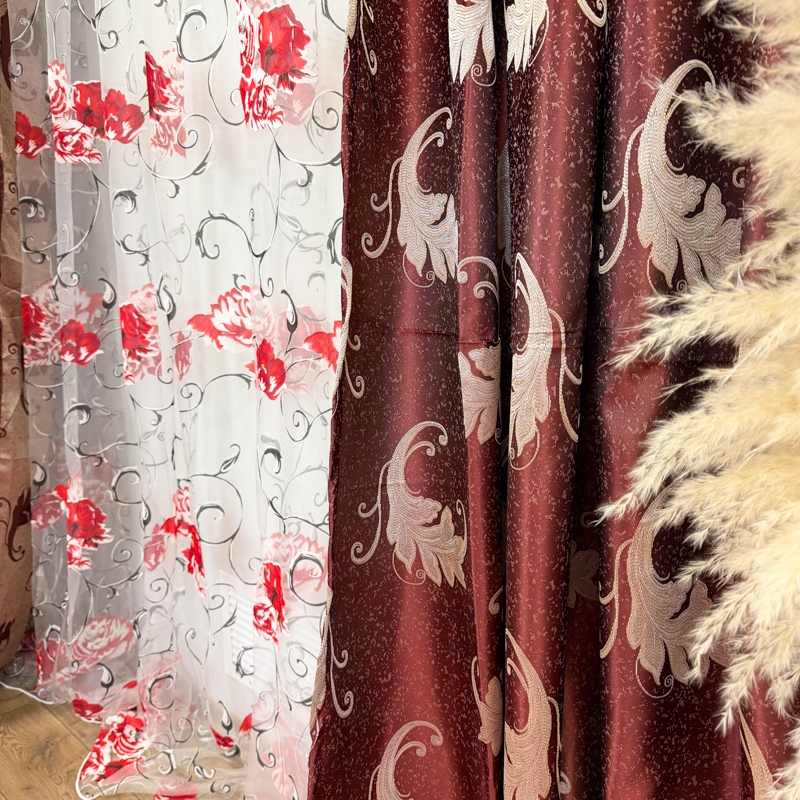 Set 2 bucati de Draperie Jacquard, Leaves, 150cm latime x 270cm inaltime, cu rejansa pt sina, Grena - imagine 7