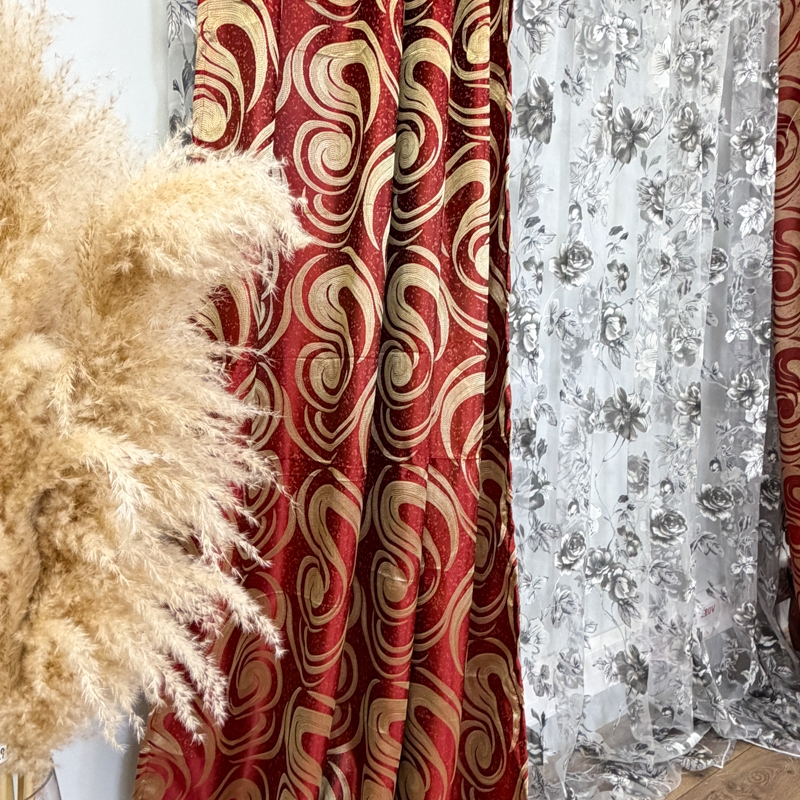 Set 2 bucati de Draperie Jacquard, Spiral, 150cm latime x 270cm inaltime, cu rejansa pt sina, Rosu - imagine 2