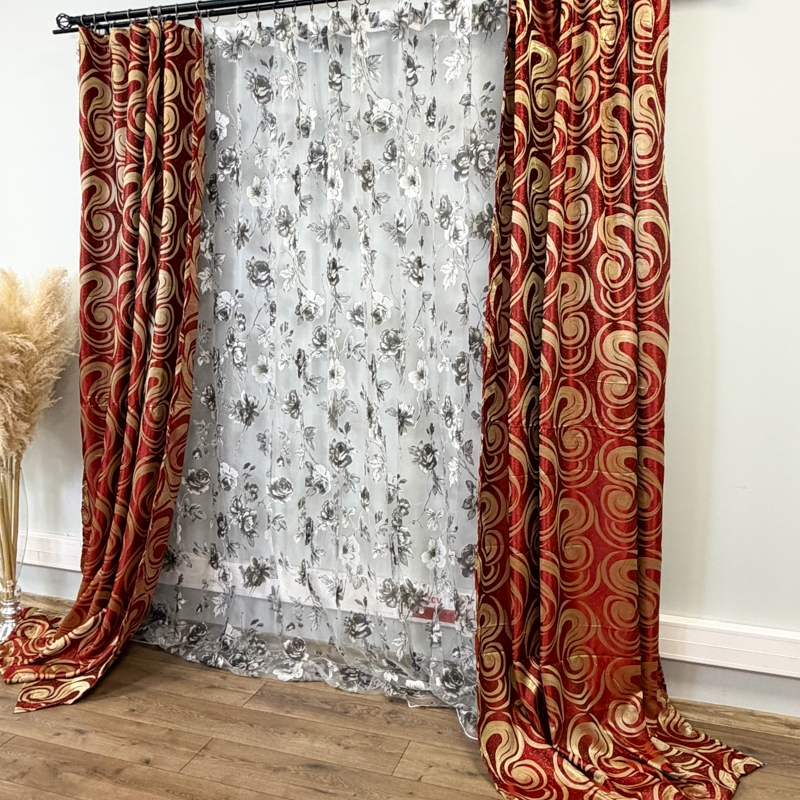 Set 2 bucati de Draperie Jacquard, Spiral, 150cm latime x 270cm inaltime, cu rejansa pt sina, Rosu - imagine 4