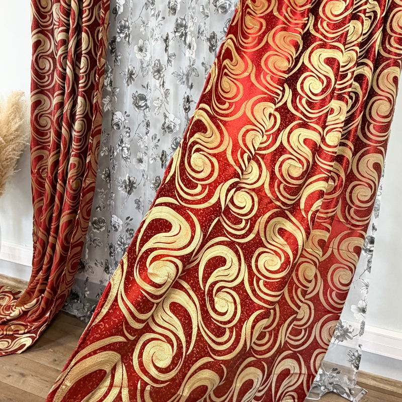 Set 2 bucati de Draperie Jacquard, Spiral, 150cm latime x 270cm inaltime, cu rejansa pt sina, Rosu - imagine 6